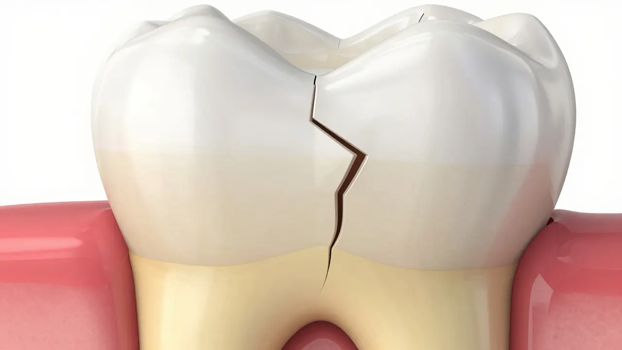 Makro záběr praskliny v zubu procházející sklovinou do dentinu