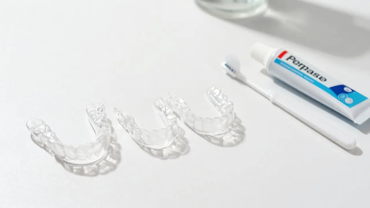 Sada průhledných rovnátek s doplňky pro ústní hygienu na bílém podkladu