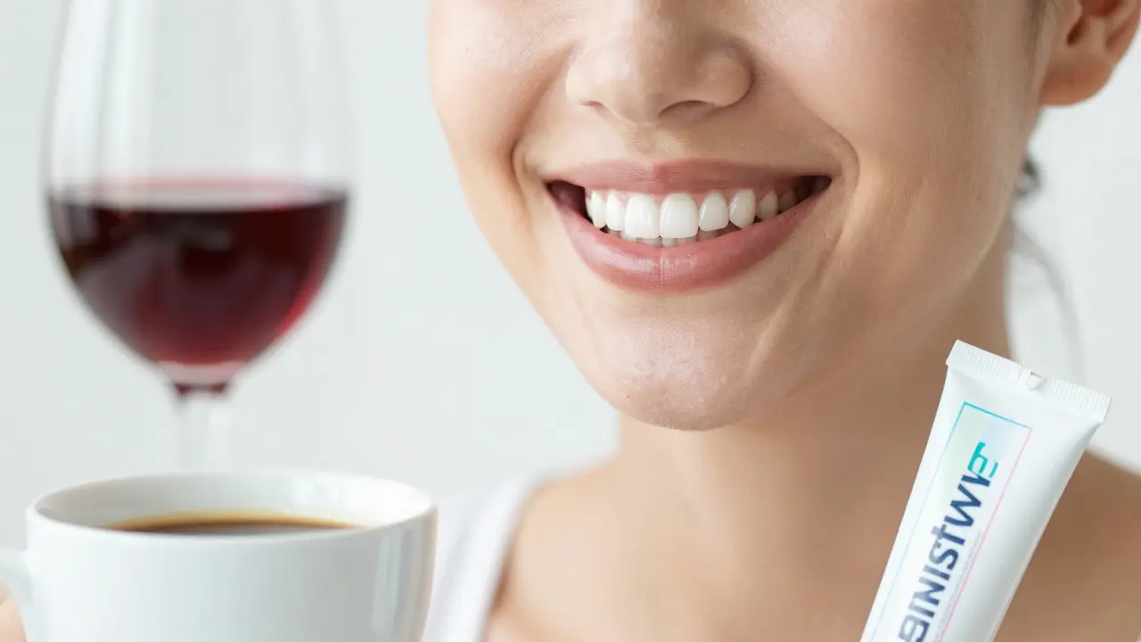 Úsměv s bílými zuby a produkty ovlivňujícími bělení v popředí
