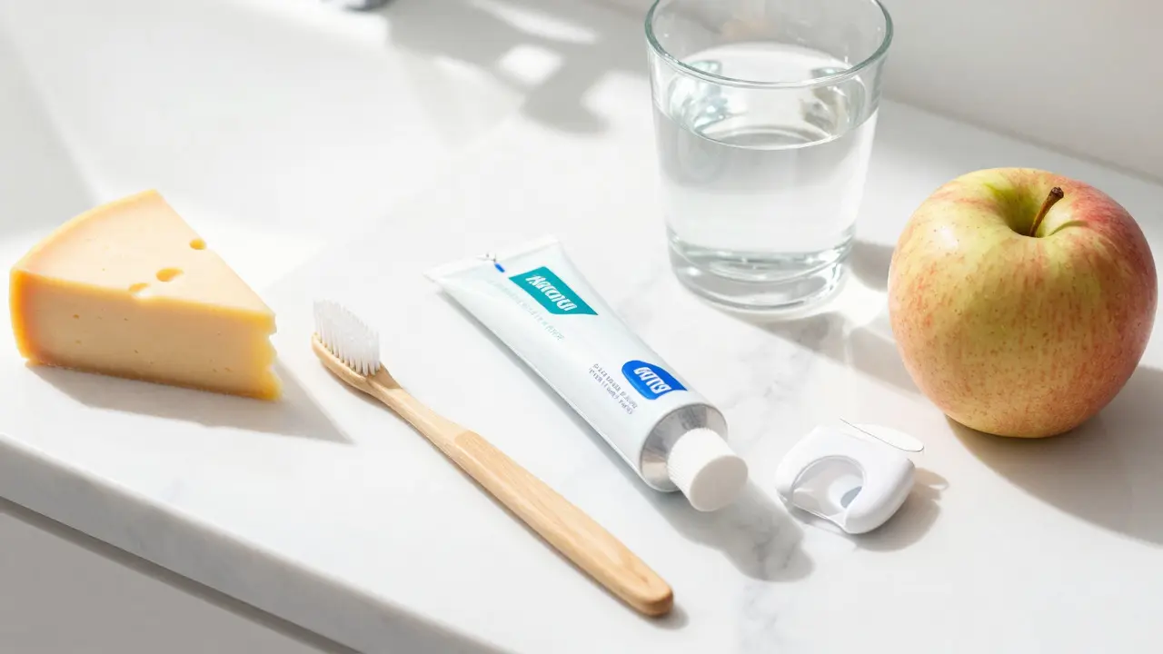 Zubní kartáček, pasta a zdravé potraviny pro prevenci kazu