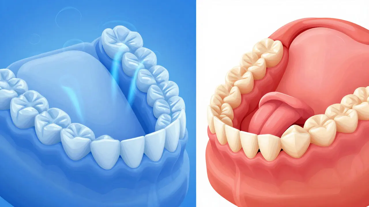 Conceptual illustration comparing upper and lower denture stability