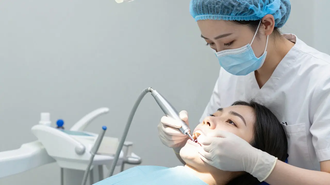 Dentální hygienistka provádí ultrazvukové čištění zubů pacientce