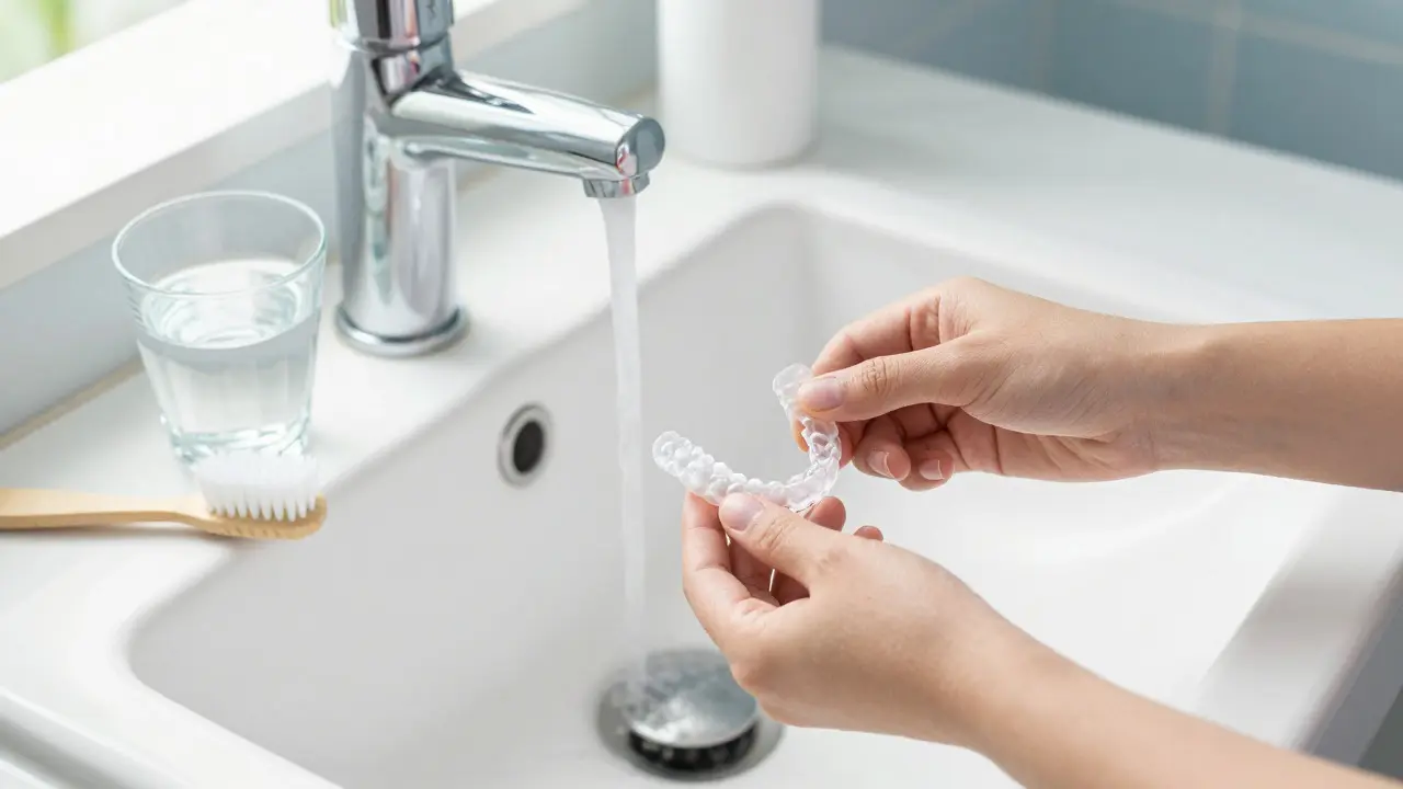 Hands cleaning removable dentures under running water in a bathroom