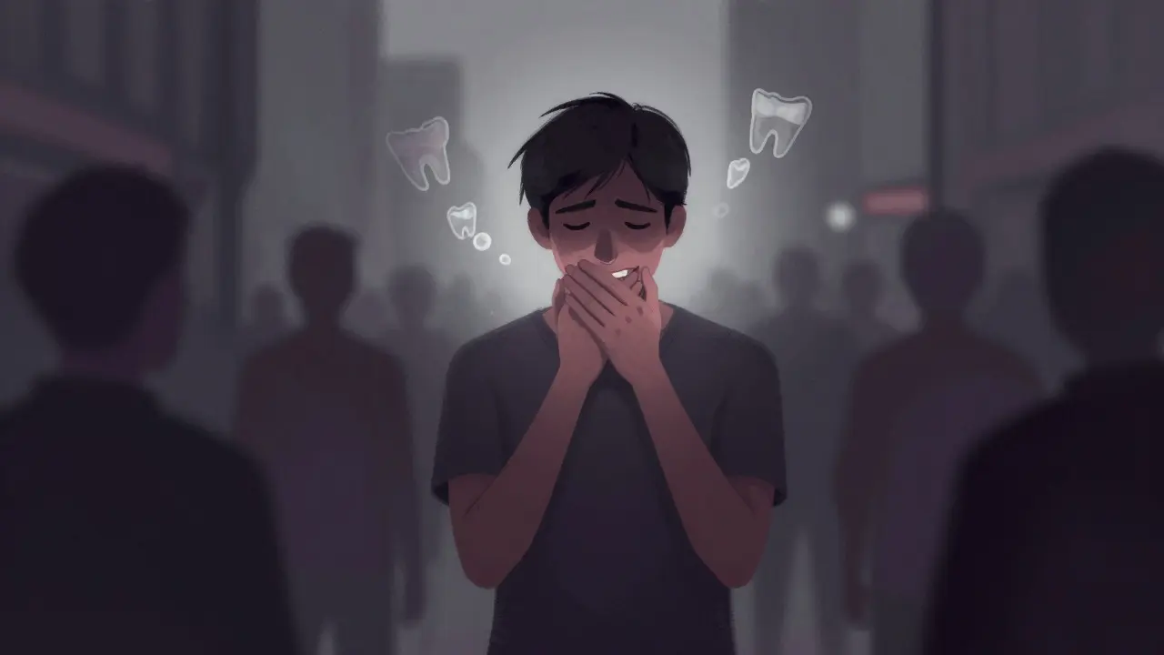 Ilustrace sociální úzkosti spojené s nedokonalým usmíváním