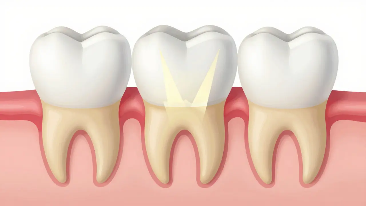 Konceptuální ilustrace vrstev zubu ukazující propustnost světla skrz sklovinu do dentinu