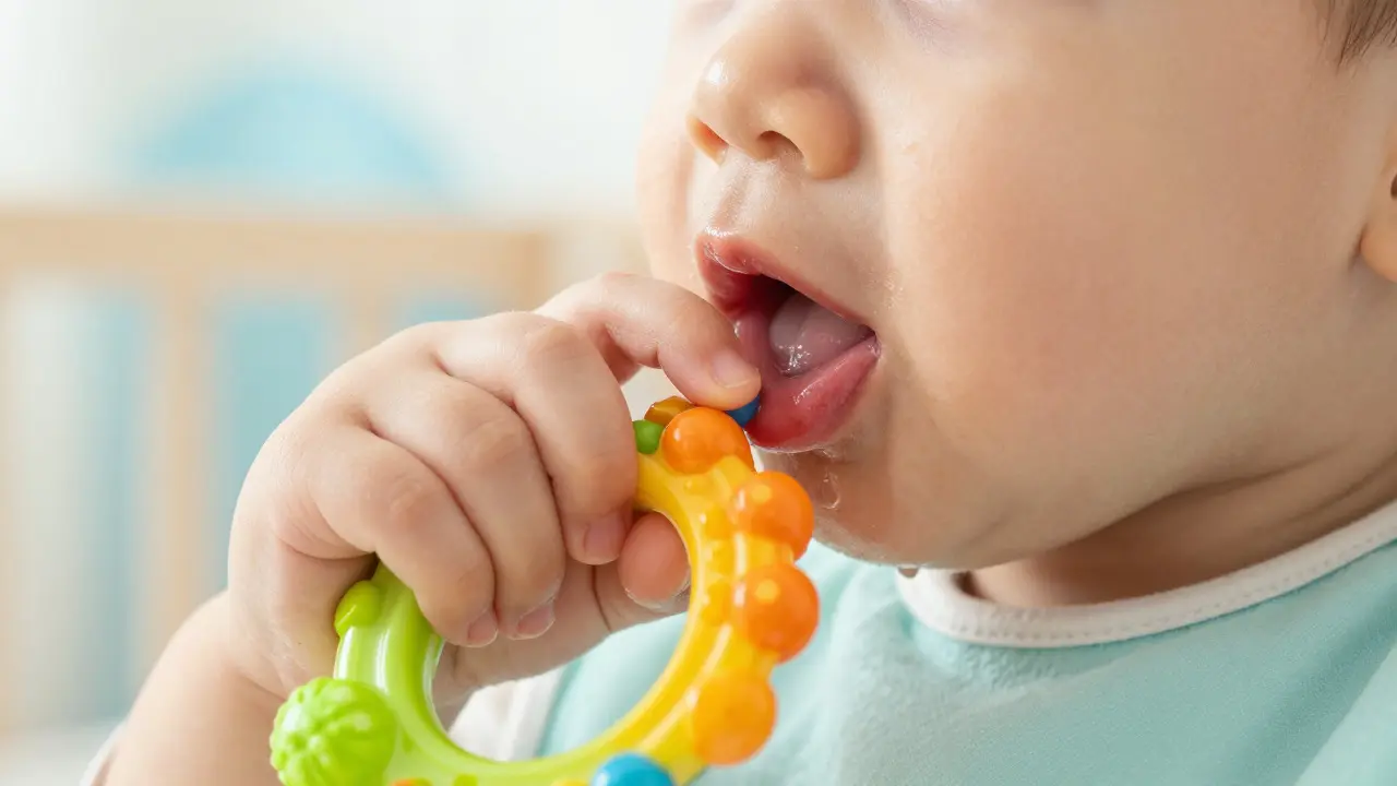 Zblízka dítě kouše hračku, dásně jsou zarudlé a sliní