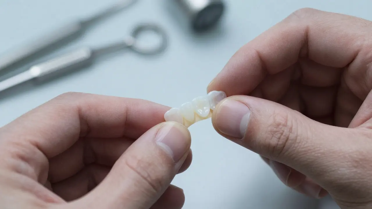 Zubní technik pečlivě upravuje tenkou porcelánovou fazetu v laboratoři.