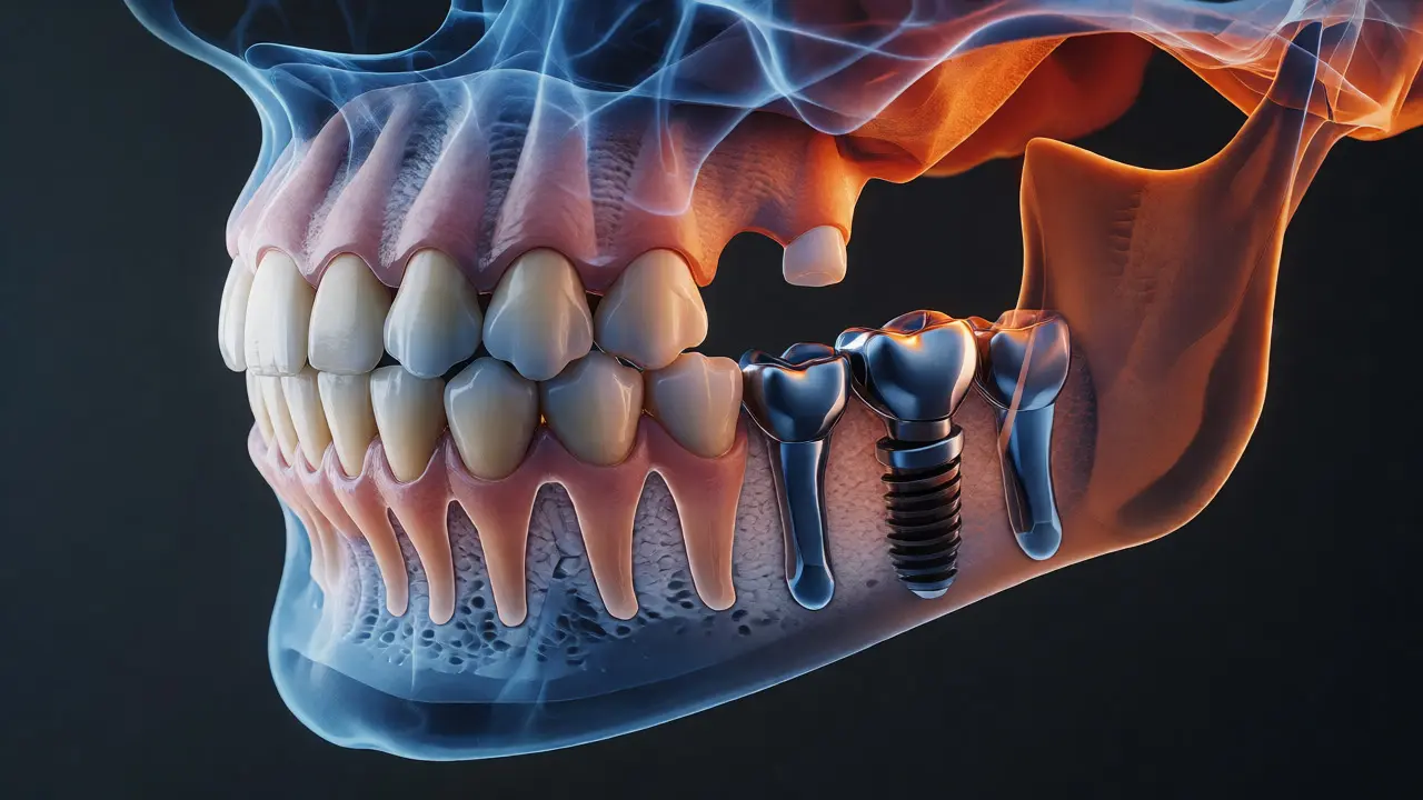 Anatomické znázornění čelisti s přirozenými zuby a implantátem ukotveným do kosti.
