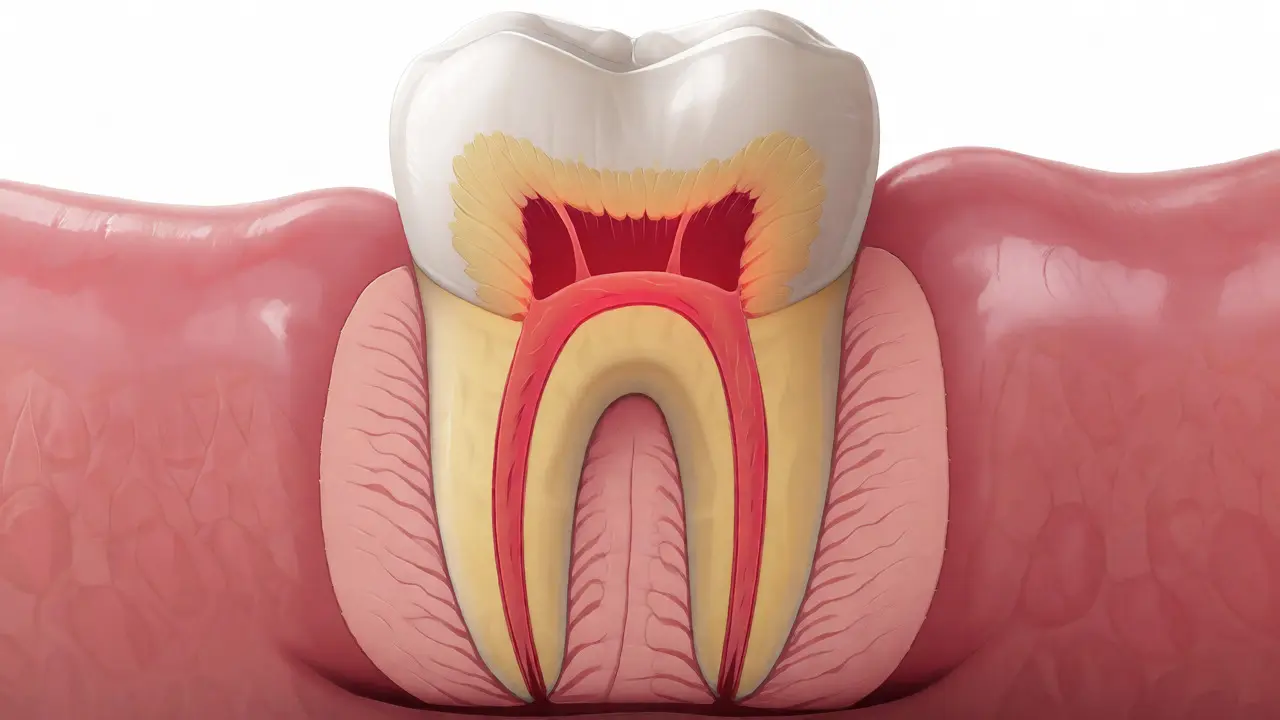 Anatomický řez předním zubem ukazující tenkou sklovinu a nerv.