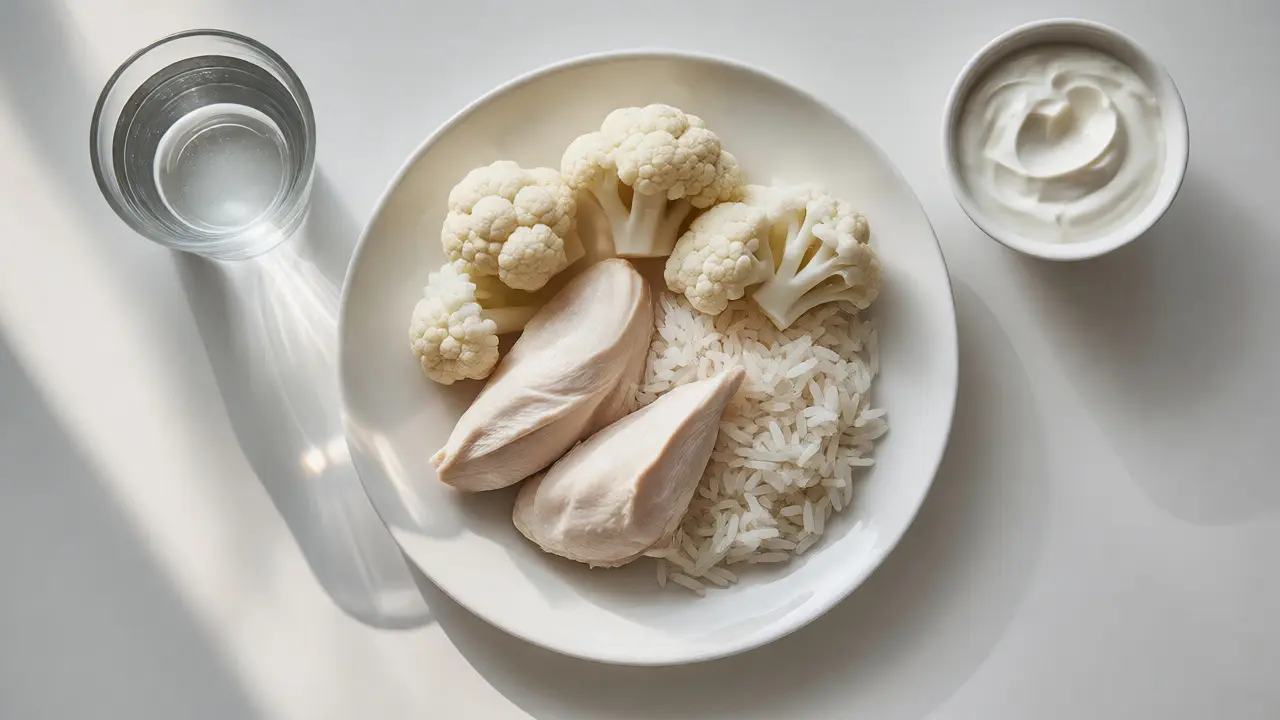 Bílá dieta: kuřecí prsa, rýže a květák na talíři