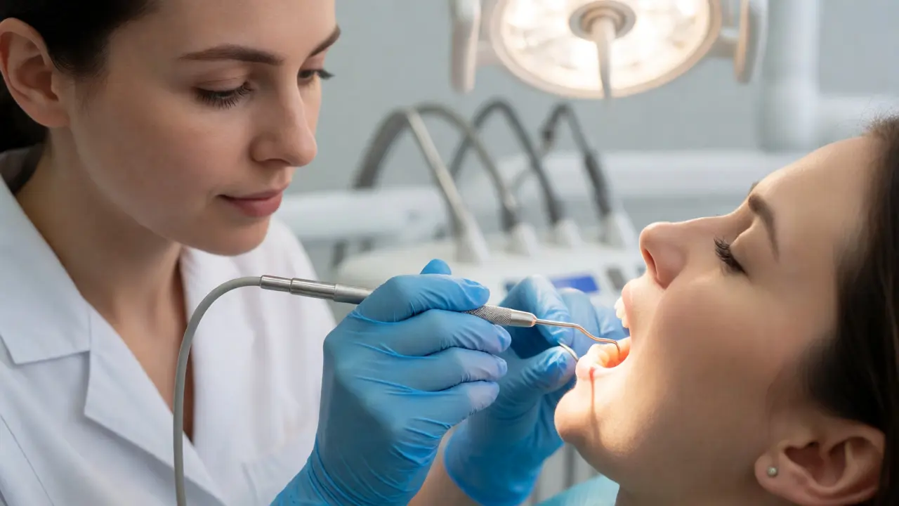 Dentální hygienistka měří hloubku dásňového žlábku sondou