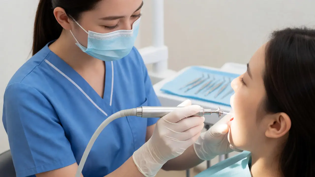 Dentální hygienistka provádí ultrazvukové odstranění zubního kamene