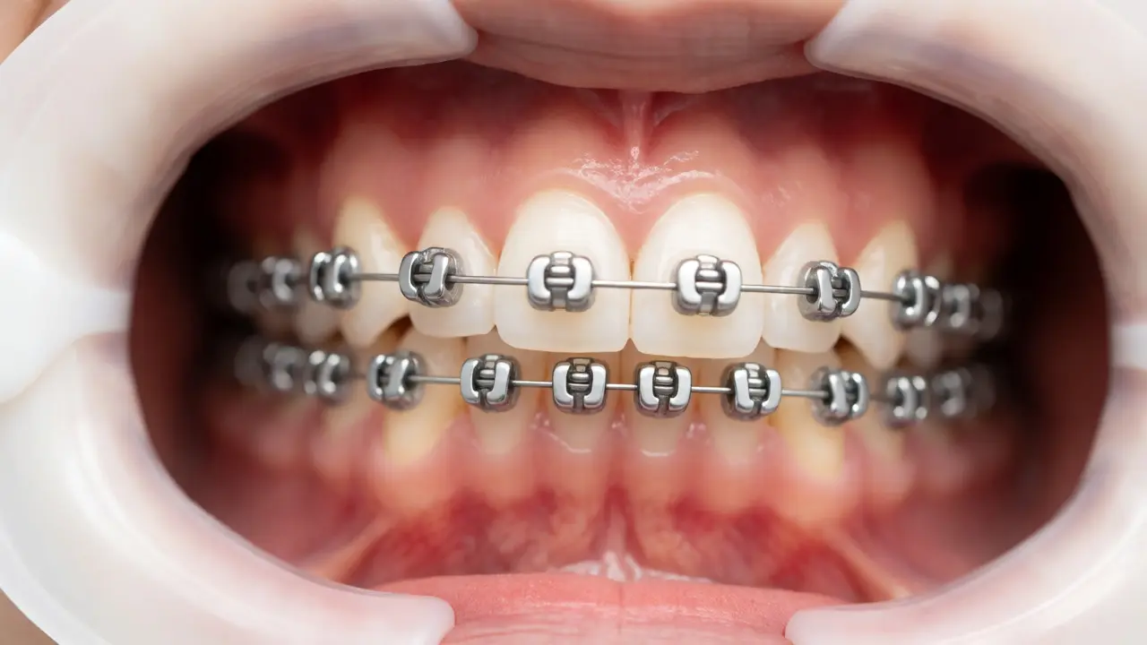 Detail fixních rovnátek s keramickými bracketky na zubech