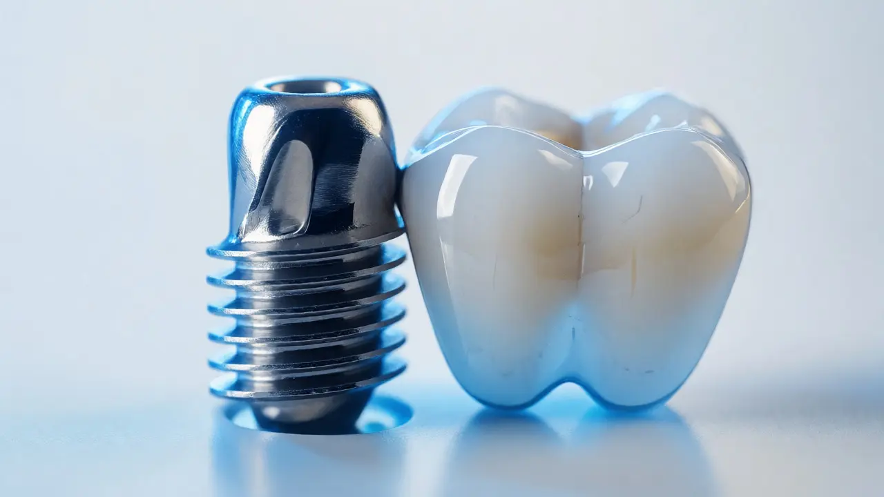 Detail titanového implantátu a keramické korunky na bílém pozadí.