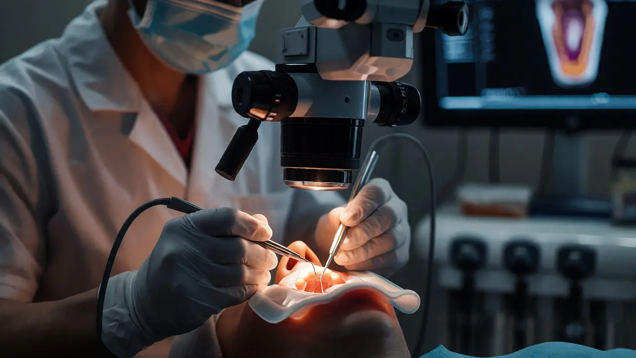 Endodontolog pracující pod mikroskopem při ošetření