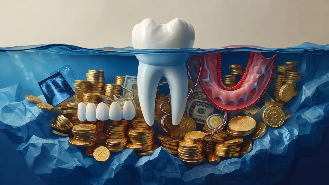 Ilustrace zubu jako ledovce s mincemi pod povrchem dásní