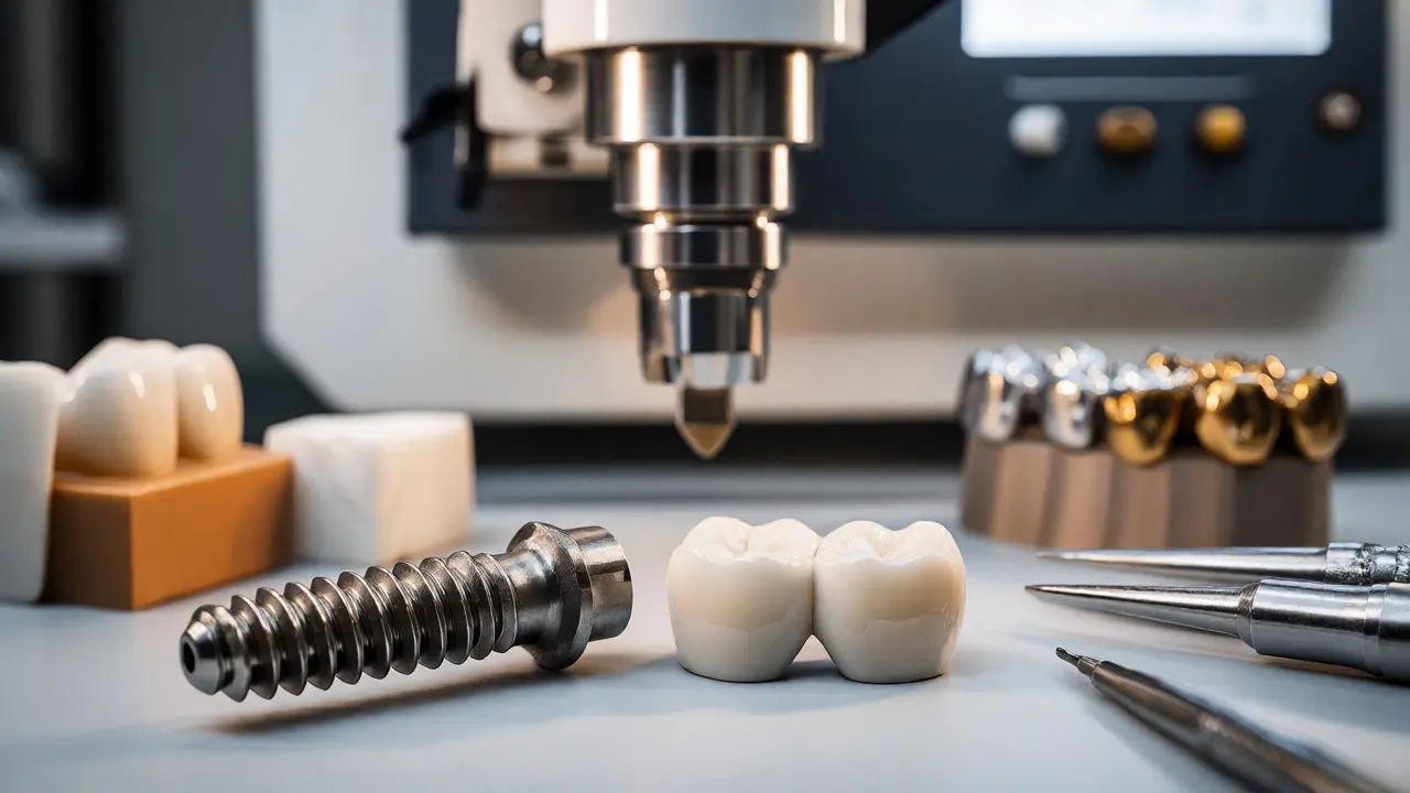 Makro fotografie titanového implantátu a zirkonové korunky na pracovním stole zubní laboratoře.