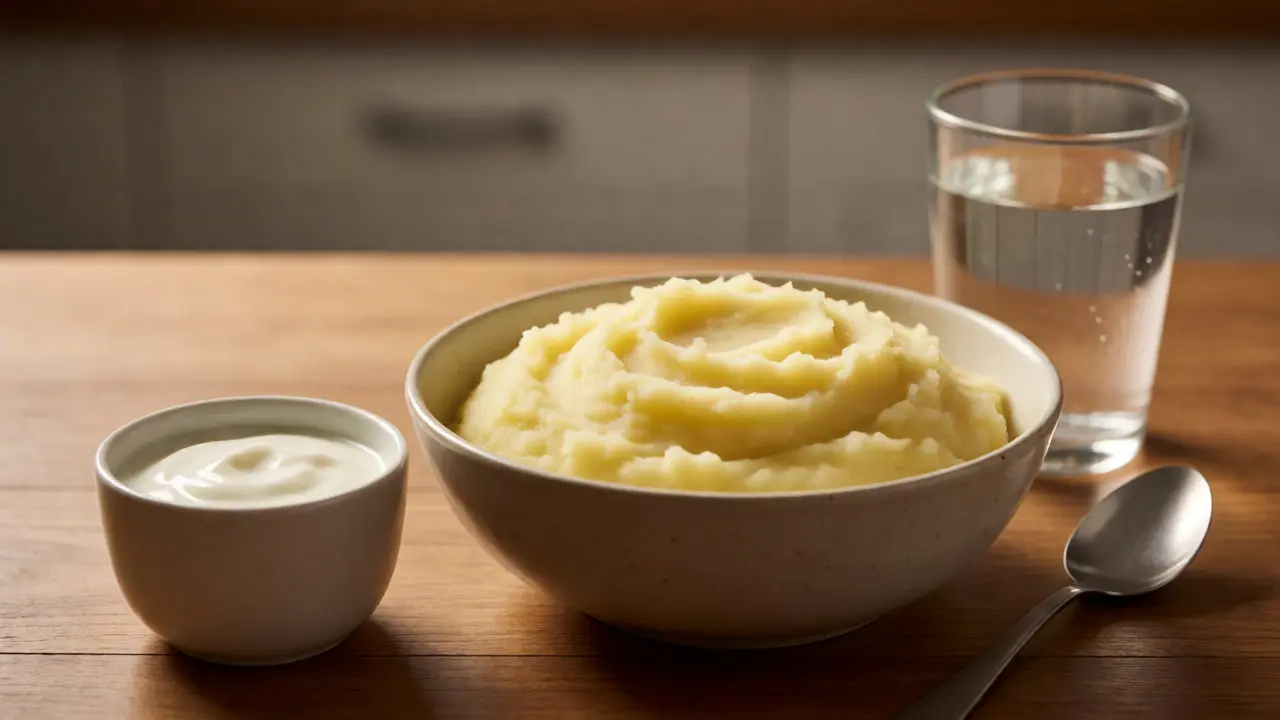 Miska bramborové kaše a jogurt jako vhodné jídlo po zákroku.