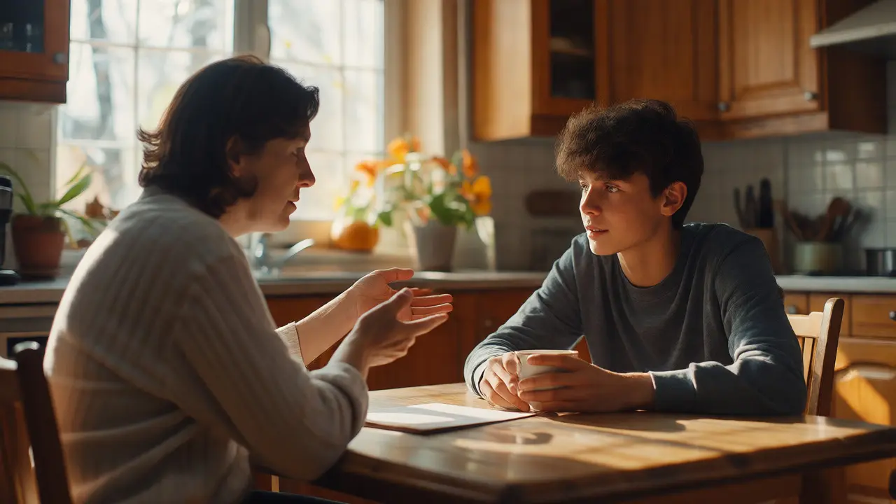 Parent and teen having a supportive conversation at home