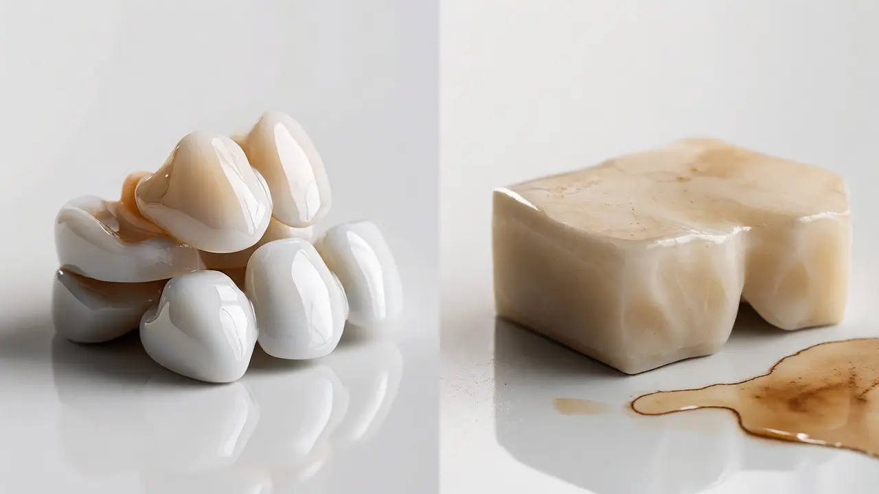 Porovnání materiálů: lesklé porcelánové fazety a kompozitní bloky