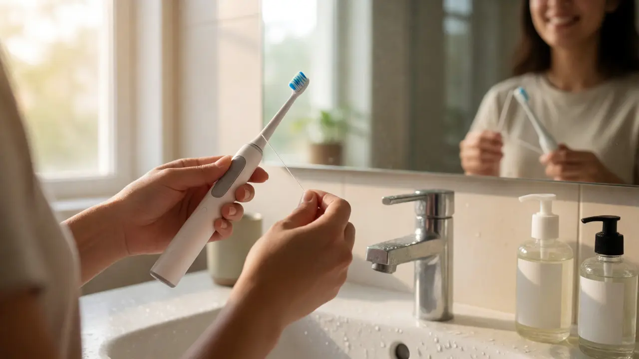 Preventivní čištění zubů elektrickým kartáčkem a nití doma