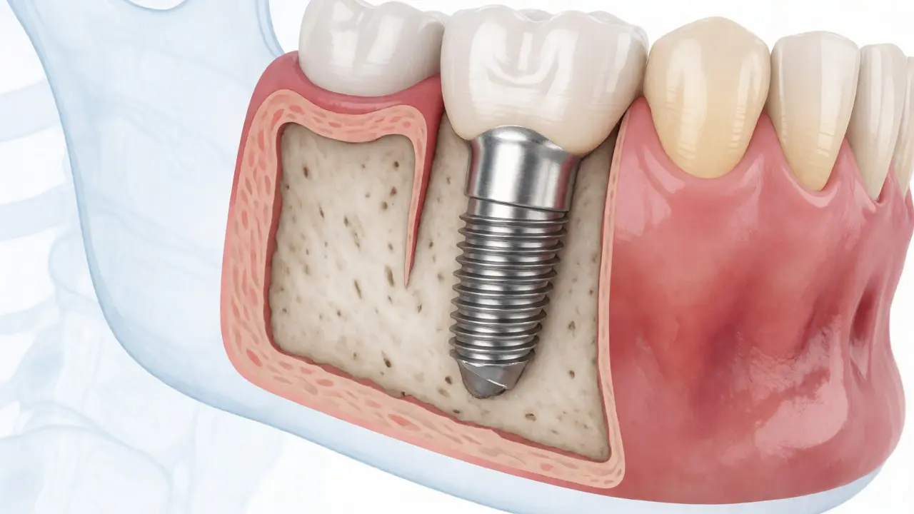 Řez čelistí ukazující titanový šroub implantátu ukotvený v kosti.