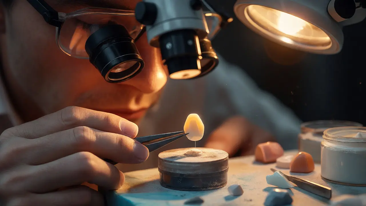 Zubní technik ručně dokončuje keramickou fazetu v laboratoři