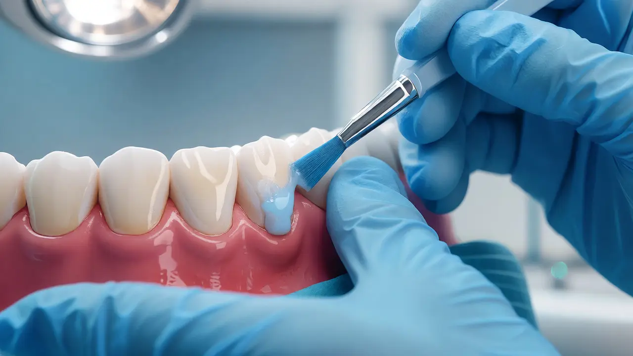 Aplikace fluoridového laku na zub stomatologem