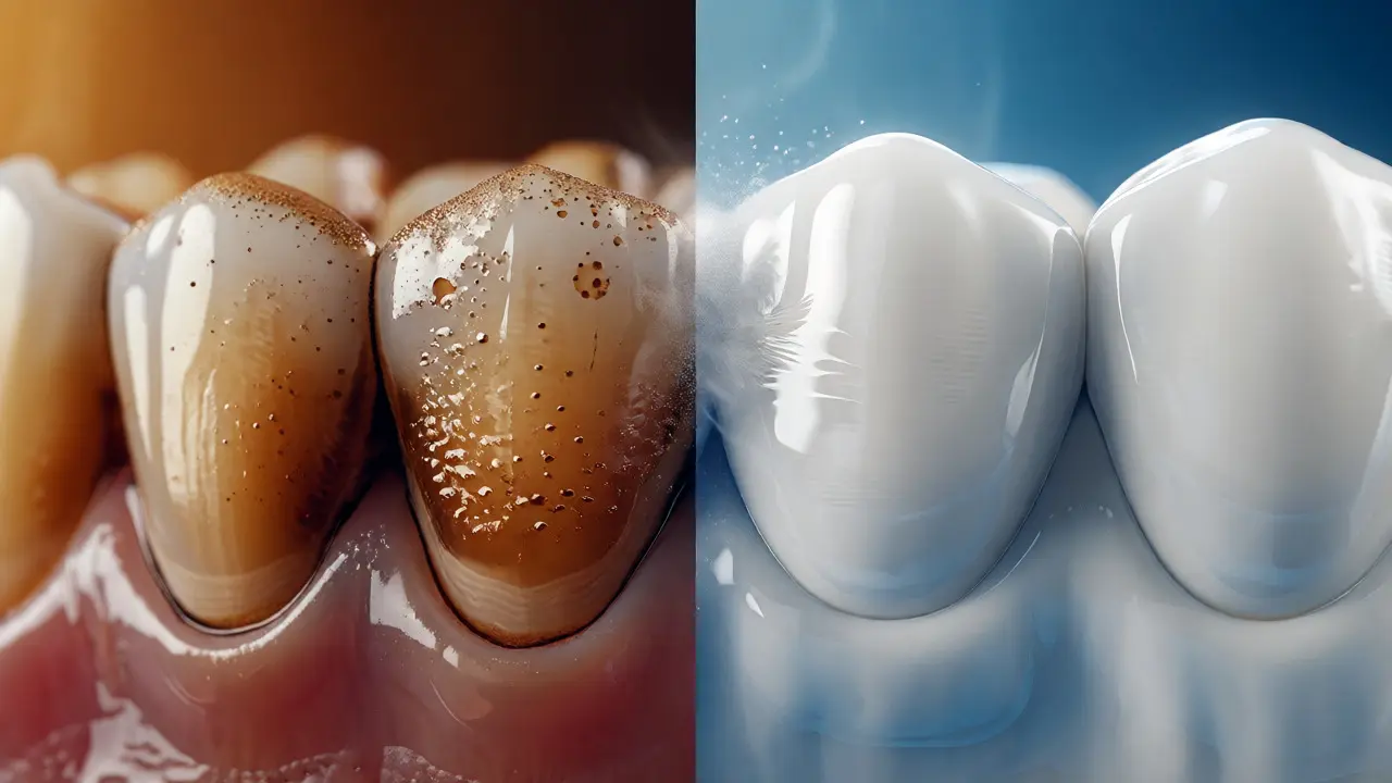 Comparison of stained teeth before and after professional sandblasting.