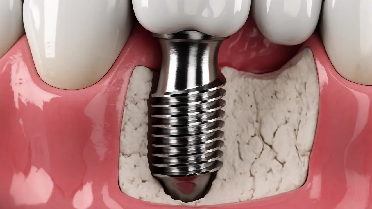 Detailní pohled na zubní implantát v kosti čelisti