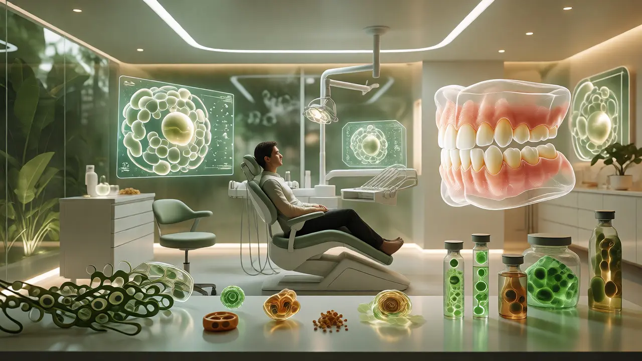 Futuristická stomatologická ordinace s hologramy zdravých zubů a regenerativní medicínou.