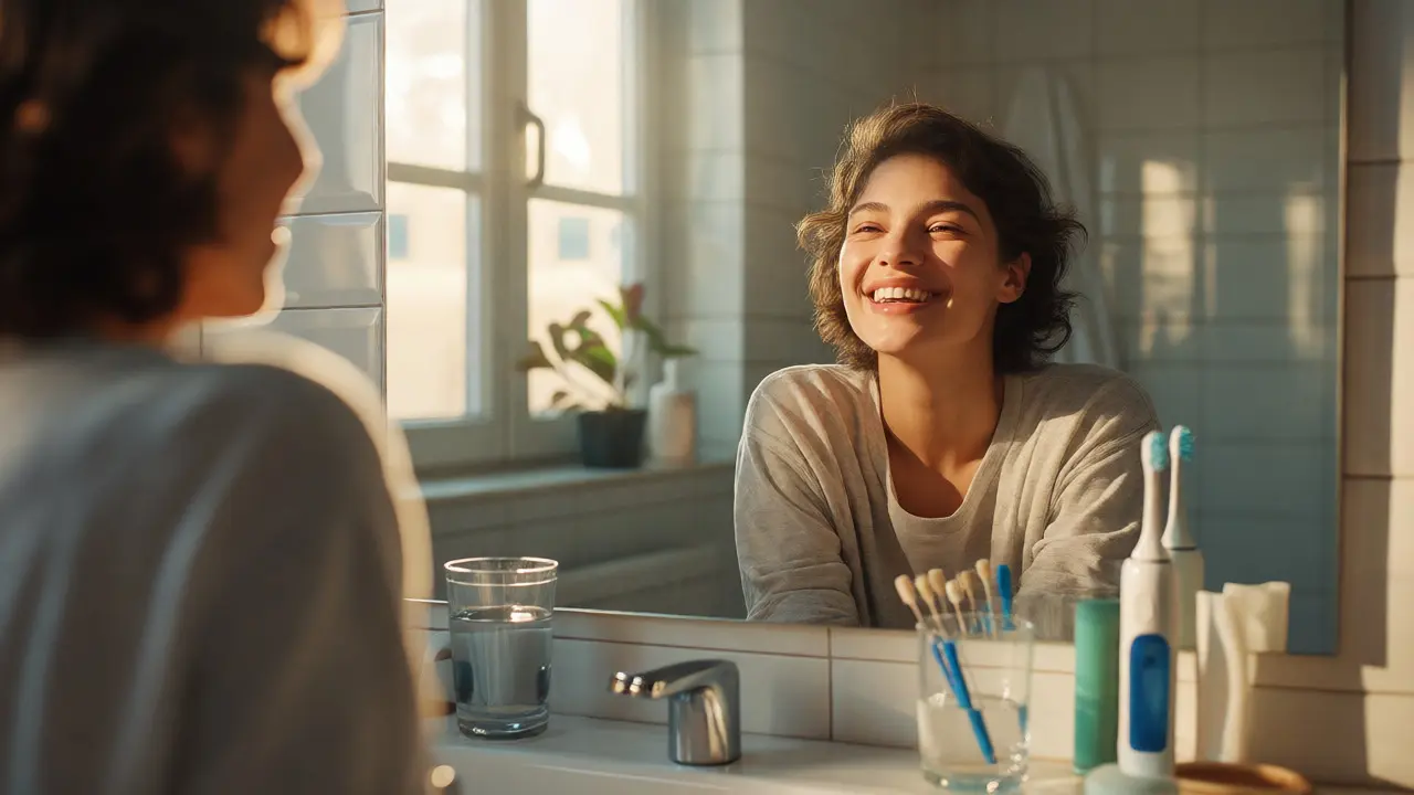 Happy person smiling at their reflection after dental cleaning.