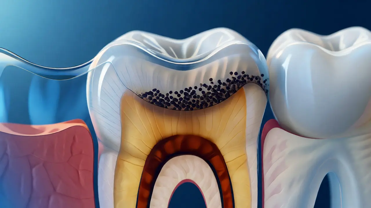 Ilustrace řezu zubem ukazující tenčící se sklovinu a tmavší dentin pod ní.