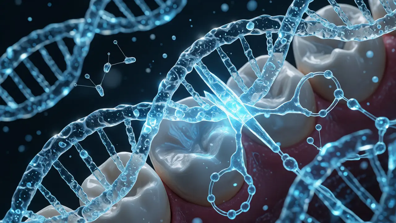 Makro snímek DNA helixy a molekulárních nůžek CRISPR editujících vývoj zubu.