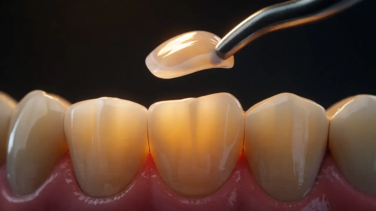 Makro snímek keramické fazety přikládané na přední stranu zubu pro estetickou opravu.