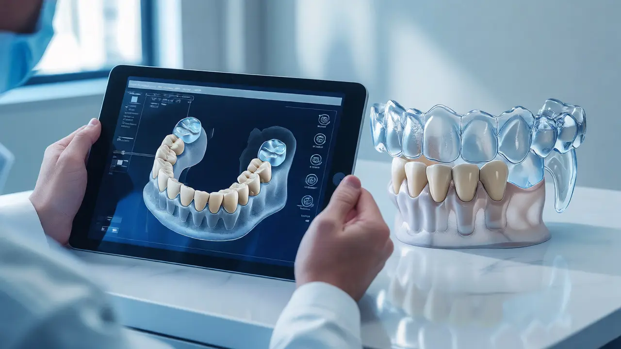 Ortodontista ukazuje 3D simulaci pohybu zubů na tabletu vedle sad alignerů