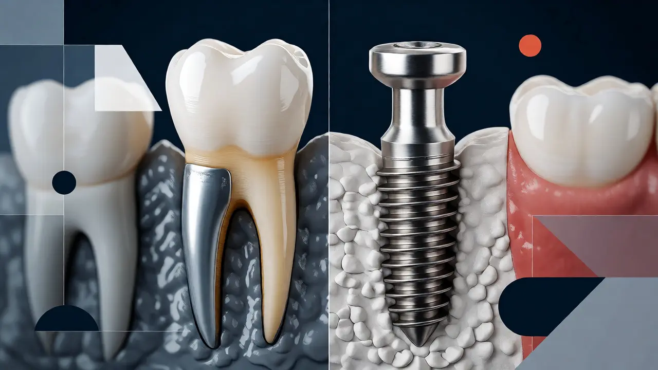 Porovnání přirozeného zubu s keramickým čepem a zubního implantátu ve kosti.