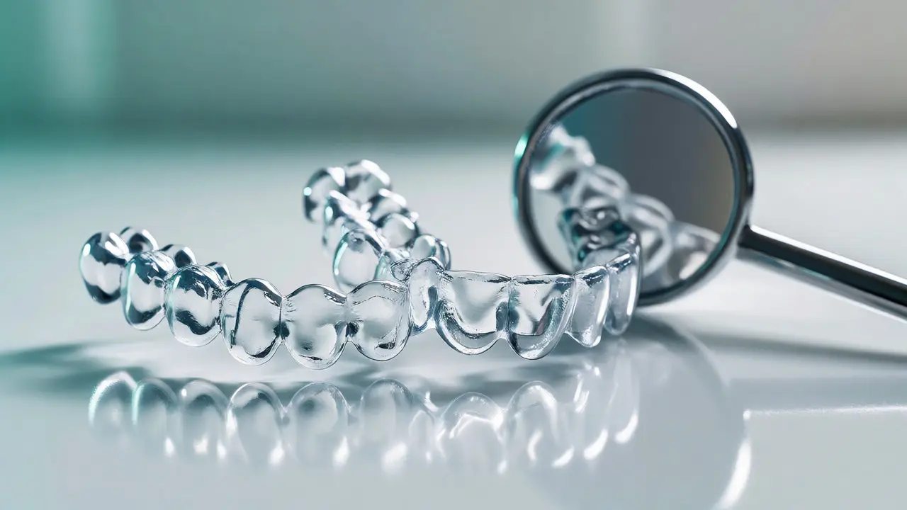 Průhledné Invisalign alignery položené na bílém povrchu vedle zubního zrcátka.