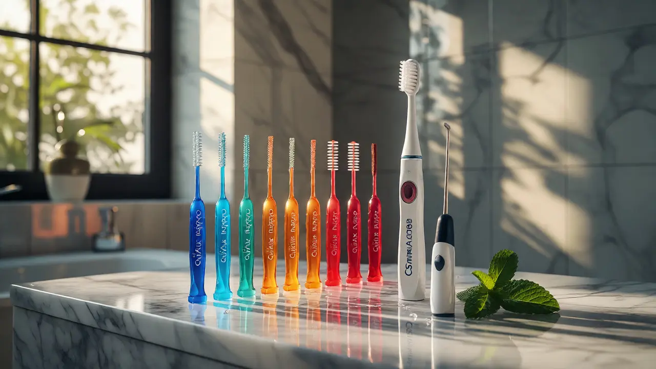 Sada Curaprox produktů včetně interdentálních kartáčků na mramoru