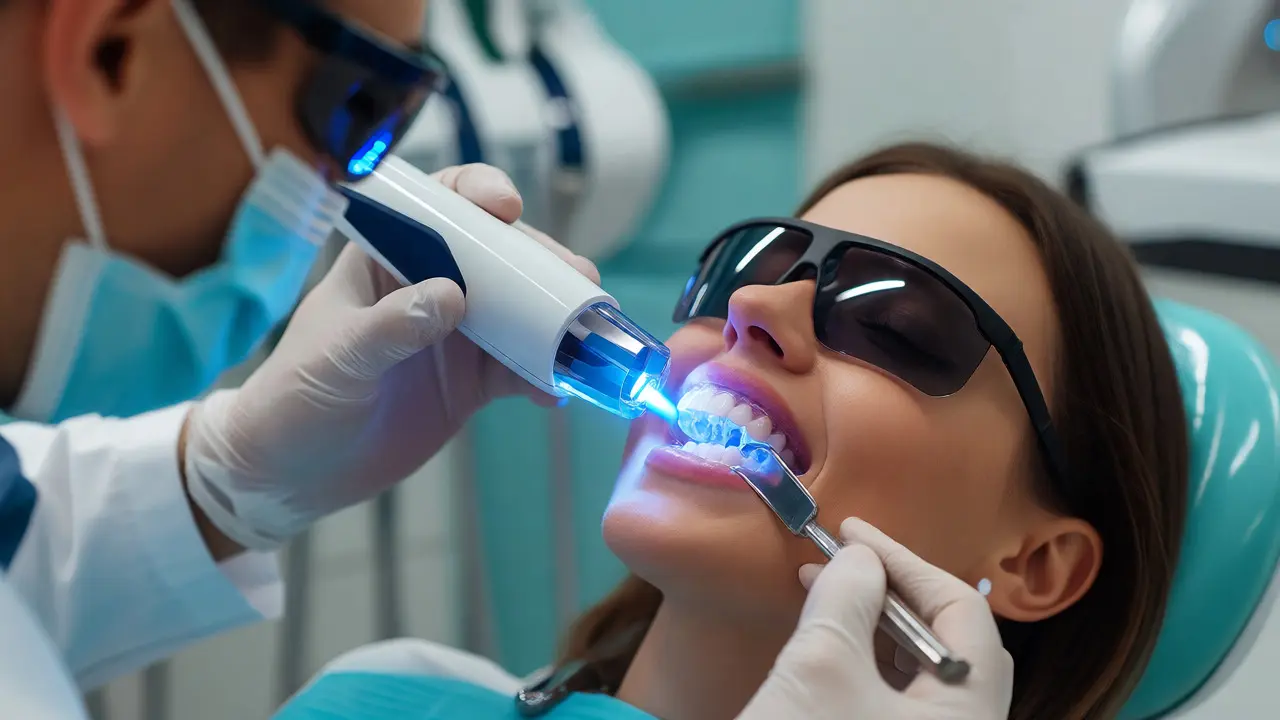 Stomatolog provádí laserové bělení zubů pacienta pomocí speciálního světla v ordinaci.